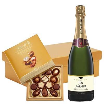Personalised Champagne - Graduation Label And Lindt Swiss Chocolates Hamper